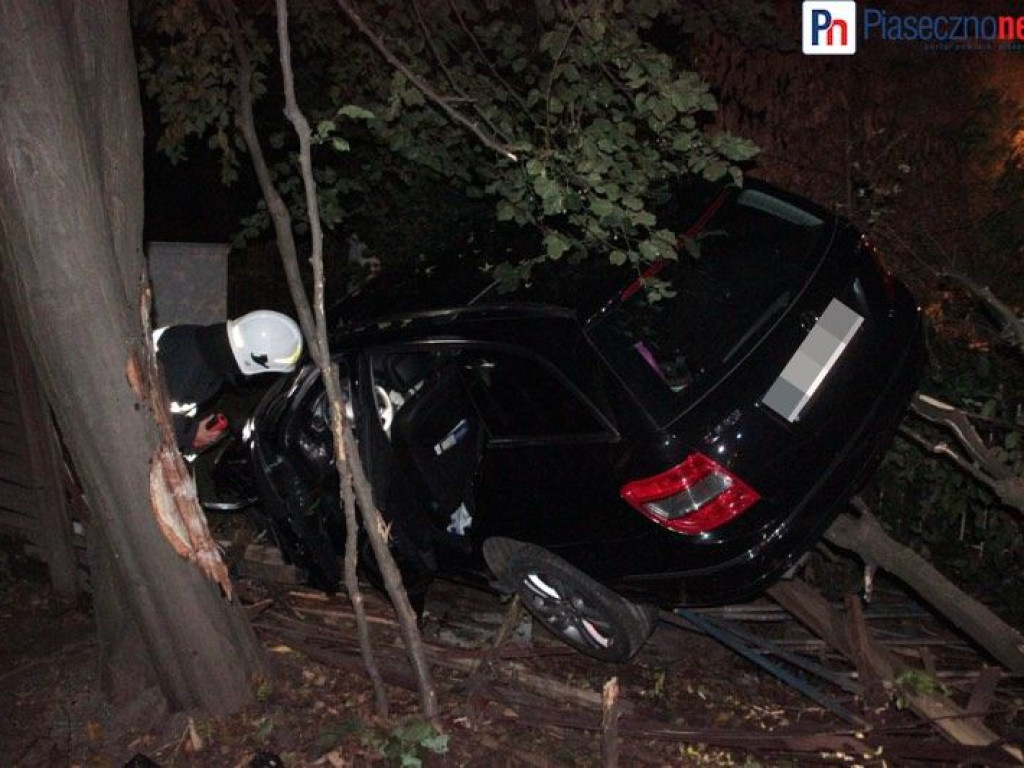 Wypadł z drogi, staranował ogrodzenie i zawisł nad psią budą