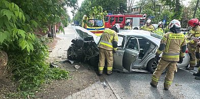 Wypadek na Mirkowskiej. Auto rozbiło się na drzewie
